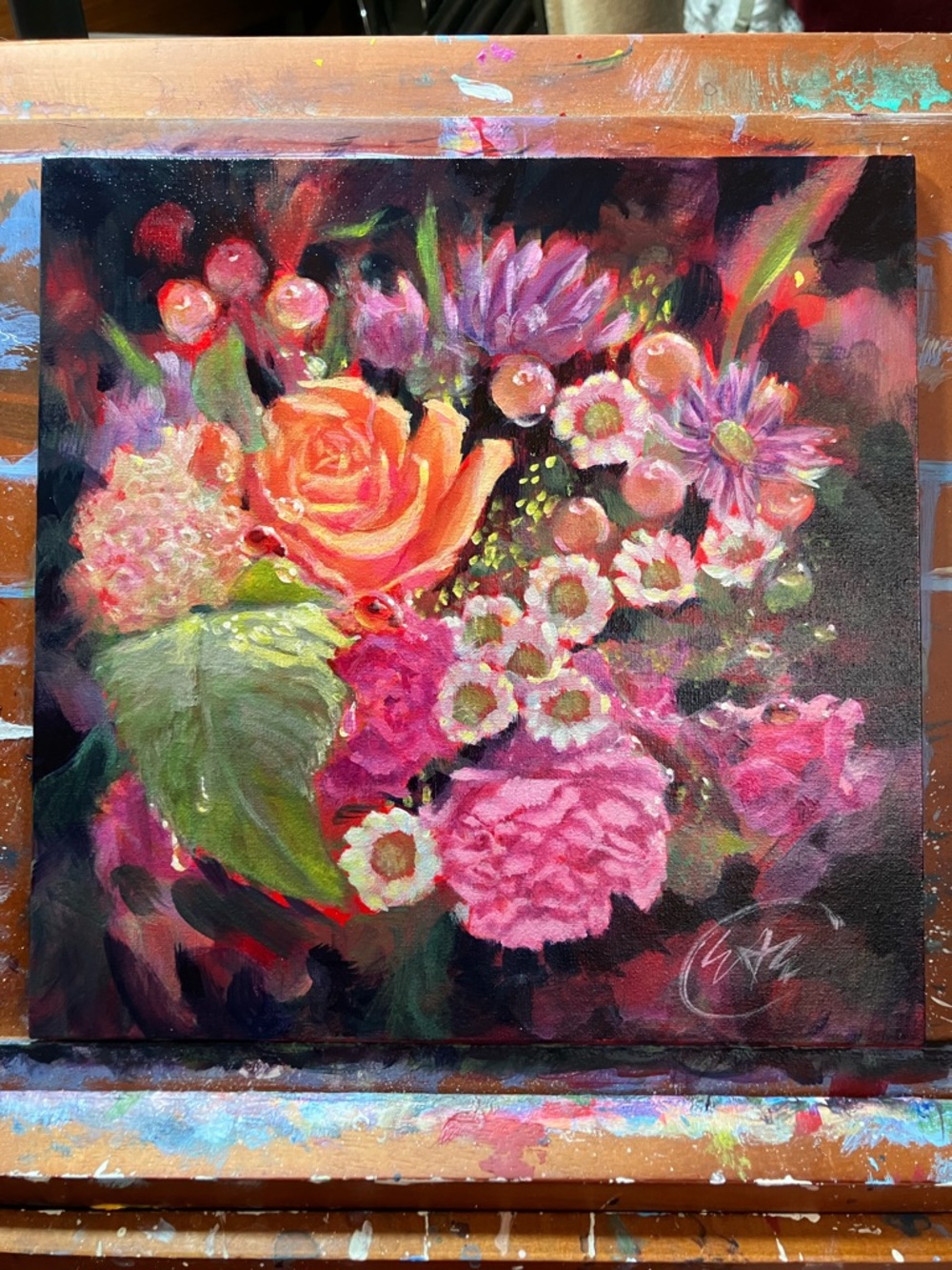 Floral still life original painting bouquet art flowers ladybugs surrealism EAE